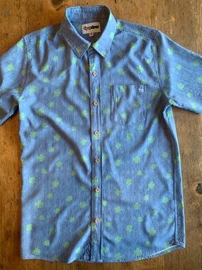 Tipsy Elves Blue Button-Up Shirt with Green Clover Print